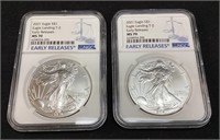 (2) 2021 SILVER AMERICAN EAGLES, TYPE 2 MS70