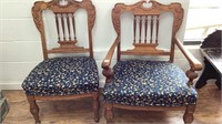 2 oak carved settee chairs, wide seats with blue