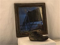 Wood Framed Wall Mirror + Victorian Baby Shoe
