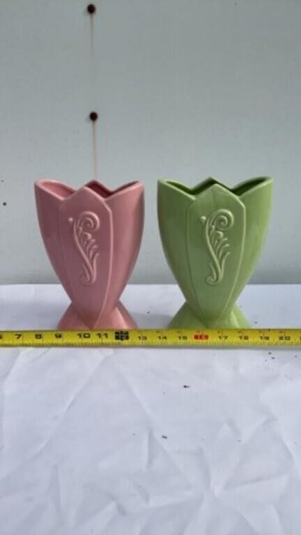 Vintage Mint Green & Light Pink Tulip Shape Vases
