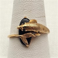 10K Gold Dolphin Ring w/ Onyx + Diamonds