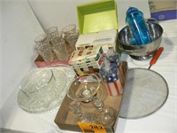 7 GLASS WATER GOBLETS, RECIPE BOX, OUTDOOR TIMER,