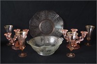 12" Pink Depression tray, bowl and four glasses
