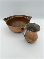 Copper Bowl with Iron Handle and Tinned Copper Mug