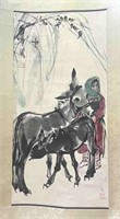 Chinese Painting of Girl & Donkeys.