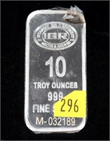 One 10 Troy ounce .999 Fine silver bar, IGR