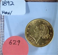 1892 $5  LIBERTY HEAD GOLD COIN