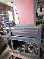 METAL BENCH, CRAFTSMAN TOOL BOX WITH HAMMERS,