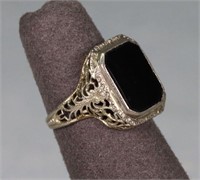 Art Deco 18K White Gold & Onyx Ring