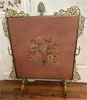 Antique Brass and Needlepoint Fireplace Screen