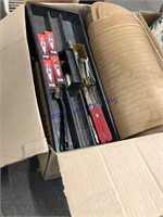 BOX OF ASST TOOLS, HARDWARE, CAR MATS, ETC