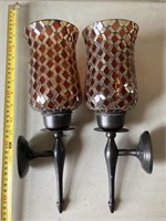Pair candle wall sconces & basket