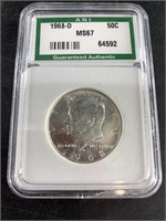 1968 D 40% silver Kennedy half MS67 by ANI, (Pleas