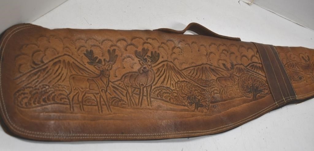 Hand Tooled 50" Leather Gun Case w/Deer Motif NICE