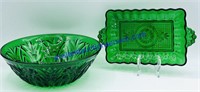 Green Glass Bowl & Small Tray