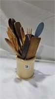 Vintage wood utensils and crock