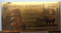 24K gold-plated Zimbabwe bank note 1 zedatillion
