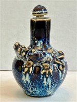 Blue Pottery Snuff Opium Bottle - Relief Animal