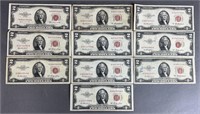 10pc 1953 Series $2 Legal Tender Notes Red Seals