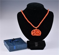 14K Gold Framed Coral Pendant w/ Coral Necklace