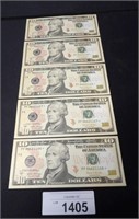 5x Sequenced Ten Dollar Star Notes Crisp Unc