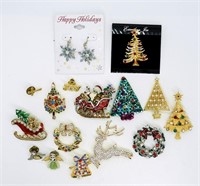 15 Christmas Brooches & 1 Pair Snowflake Earrings