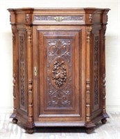 Tall Column Pilaster and Fruit Carved Oak Cabinet.