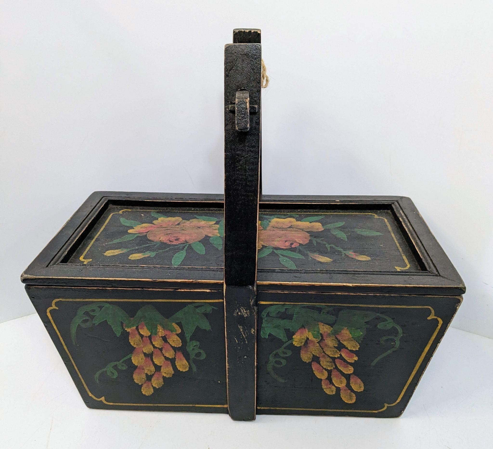 Painted Wood Brides Box with Handle & Lid