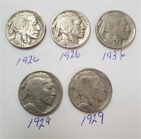 (5) Buffalo Nickels 2-1926, 1-1936, 2-1929 No Mint