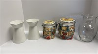 (2) glass primitive jars, (2) white glass vases,