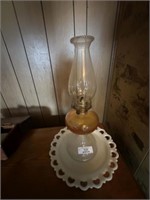 Oil Lamp & Milk Glass Plate