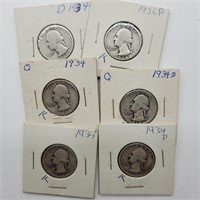 6- 1934 P & D SILVER WASHINGTON QUARTERS