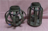 2 WOODEN GREEN CANDLE LANTERNS