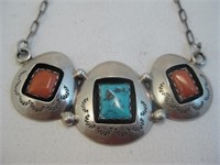 Navajo SS & Turquoise Coral Shadow Box Necklace