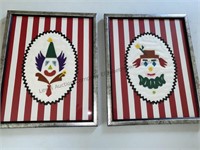 2 vintage handmade clown face pictures