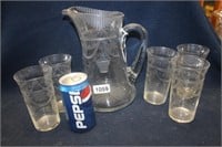 ETCHED GLASS PITCHER AND FIVE TUMBLERS