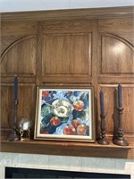 Painting in Frame & 4-Candles on Fireplace Mantle