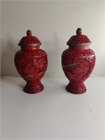 Two Small Red Urn-Style Jars