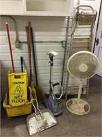 clothes steamer, fan, stool, brooms, mop bkt, misc