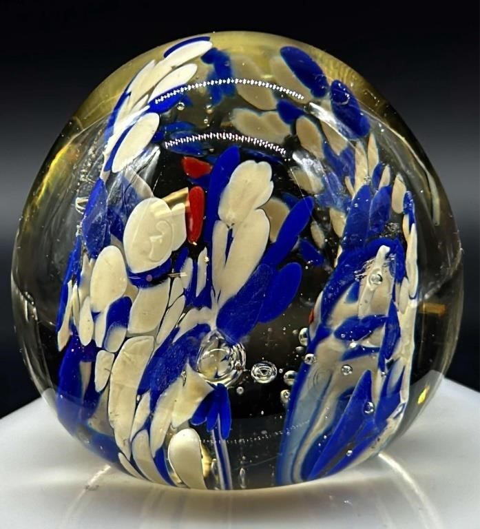 Beautiful Art Glass Blue & White Paperweight