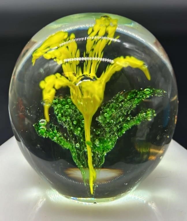 MCM Yellow Floral Art Glass Paperweight