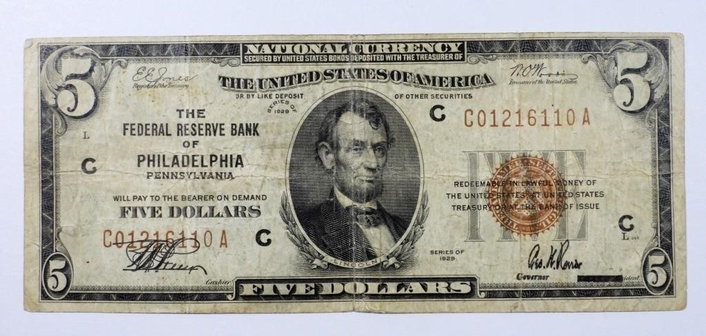 1929 $5 NATIONAL CURRENCY PHILADELPHIA
