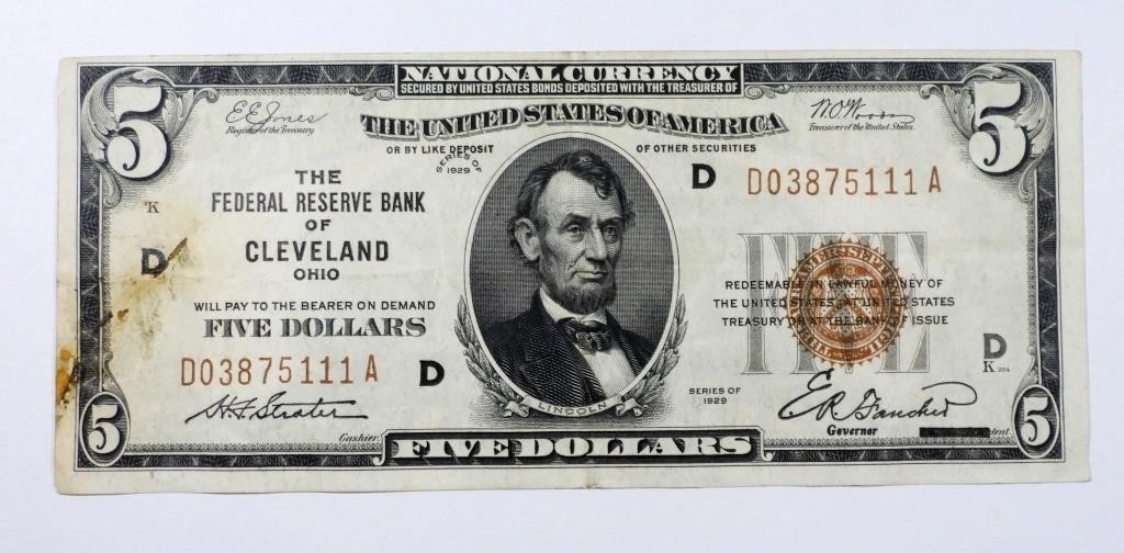 1929 $5 NATIONAL CURRENCY CLEVELAND OH