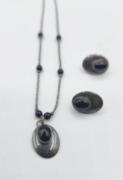 Sterling Onyx Jewelry Set 6.6g Tw Necklace 16in