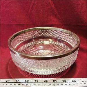 Glass Fruit Bowl With Metal Rim (Vintage)