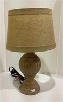 Woodwork composite accent table lamp with burlap