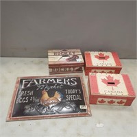 Tin Sign and 3 Boxes