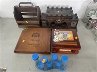 Wooden cigars boxes, soda carrier, misc