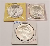 (3) 1924 Silver Dollars AU-BU