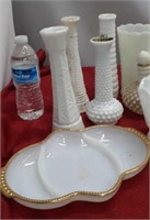 Milk glass faces, candy dishes, bowls, and much